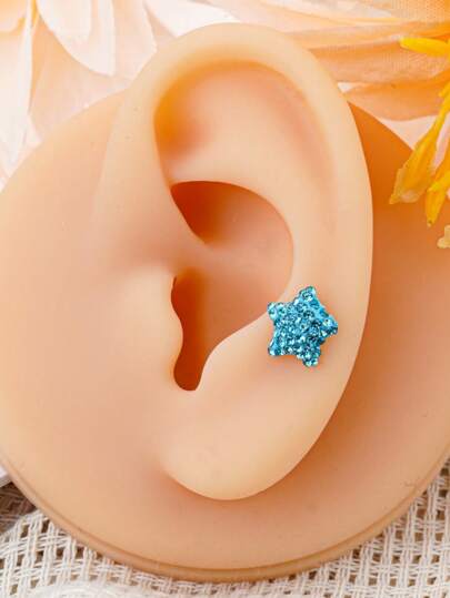 1 pieza Pendiente de titanio con estrella de mar de diamantes azul, hipoalergénico de grado médico - Diseño elegante con zirconia superior 5A súper brillante en forma de estrella de cinco puntas con rosca, pendiente para perforación de la oreja plano y amigable para el sueño, fácil de limpiar.