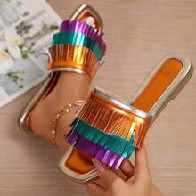 Women Sandals Bold Color Block Flat Slides Everyday Comfort Wear - Orange - View 4