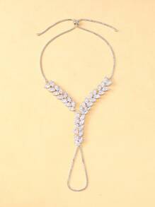 1pc Vintage Minimalist Wheat & Leaf Wrap Around Finger Ring Bracelet, Zirconia Decorated Brides Accessory