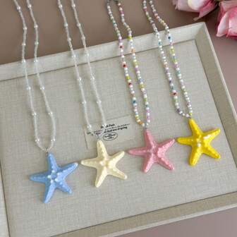 قلادة على شكل نجمة البحر كبيرة الحجم بالخرز، قلادة بأسلوب منتجع الشاطئ الصيفي قطعة واحدة