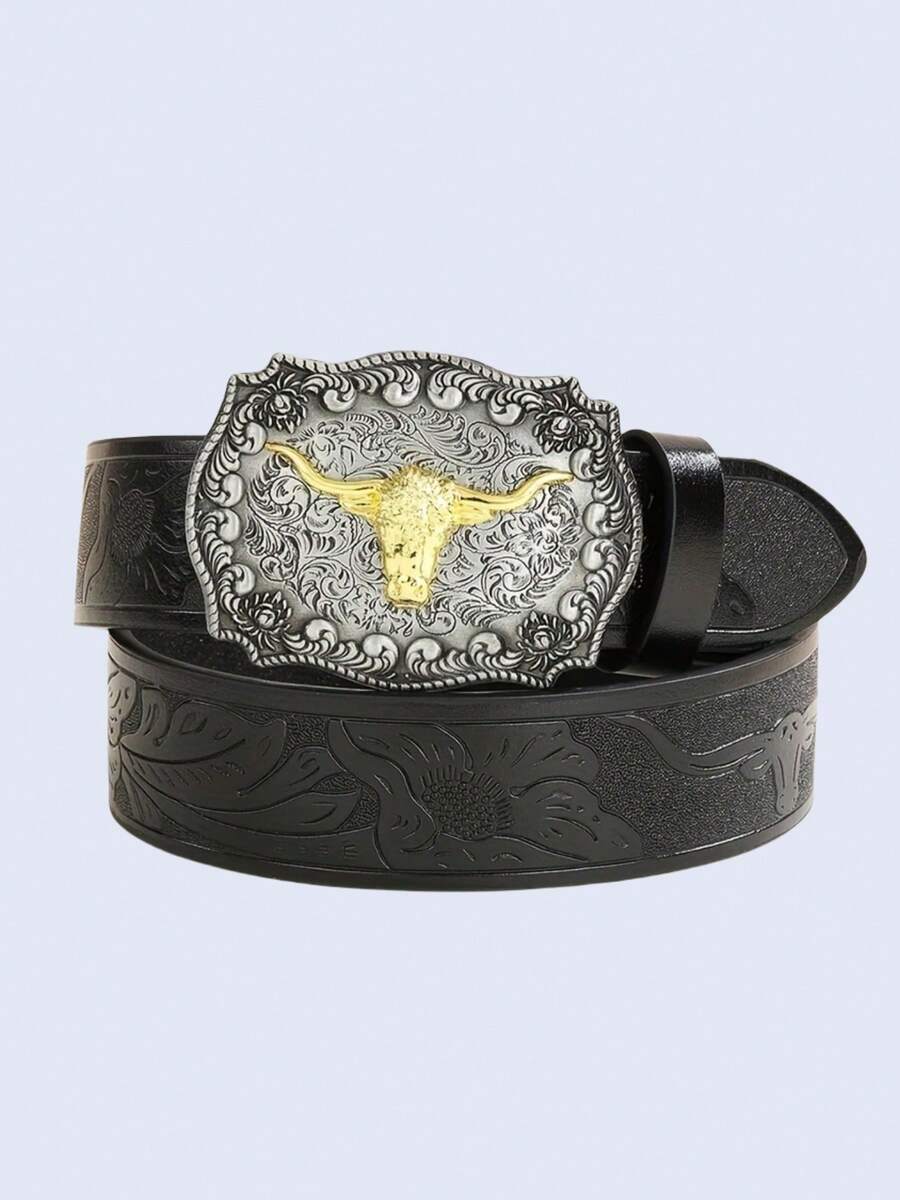 CKiruv 男士西部牛仔腰带 - 酷炫帅气的黑色仿皮，带有浮雕设计和时尚合金扣 - 黑色 - 查看 1