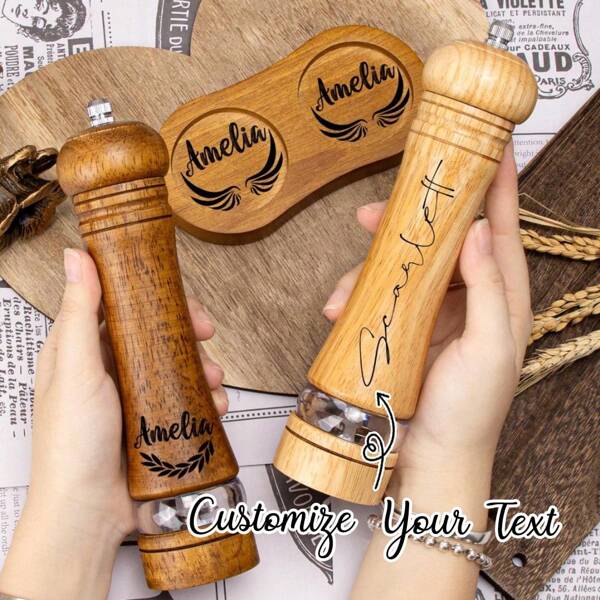 1Set Personalised Wooden Salt & Pepper Grinder,Solid Wooden Grinder,Salt Or Pepper Mill,Manual Spice Crusher Kitchen Utensils,Pepper Shaker,Gifts