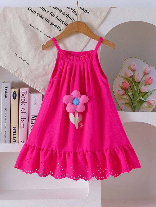 4-7 Years Old Girls Lovely & Dreamy Choice: 3D Charming Floral, Hollow Hem Ruffle Strap Sundress, Suitable For Summer Casual, Vacation, Outdoor, Daily Wear