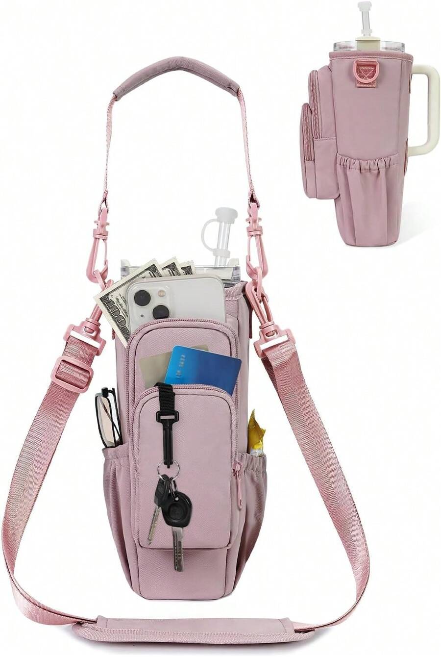 Water Bottle Carrier Bag With Phone Pocket For   Era 40oz Accessories Insulated Water Bottle Holder Pouch With Strap  Cup Sling Bag With Straw Cover For Crossbody - 玫紅色 - 查看 1