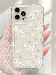 1 pieza Funda de teléfono antideslizante de TPU con cojín de aire y patrón de margaritas en forma de corazón compatible con Apple 16/15/14/13/12/11 Pro Max, apta para la serie