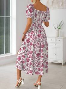 Vestido floral con hombros descubiertos y abertura alta para mujer,Vestidos estampados de mujer, Estampado floral azul y blanco,vestidos de mujer - Rosa - Ver 5