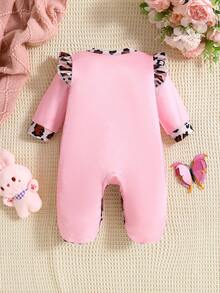 1pc Baby Girls Leopard Print Bowknot Cute Kitten Pattern Jumpsuit - Pink - View 2