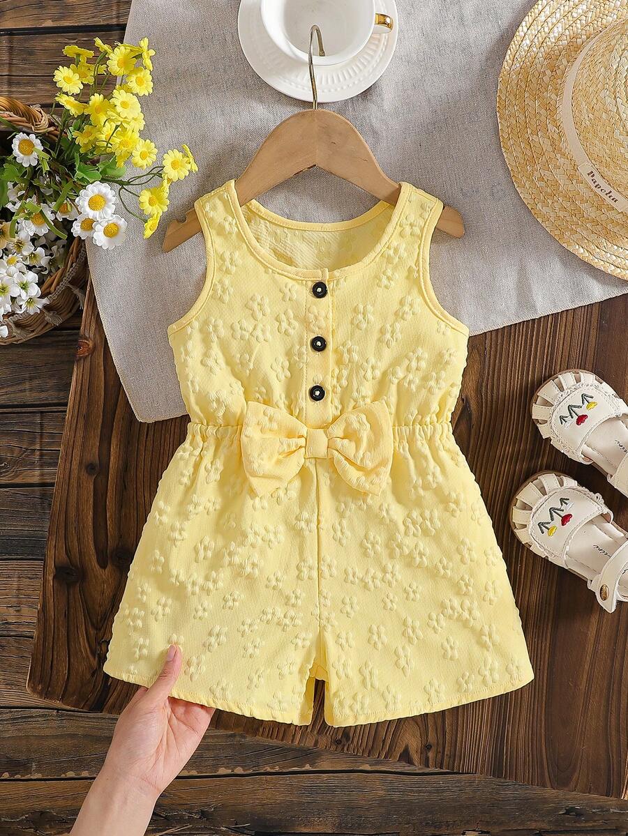 Baby Girls' Cute Solid Color Round Neck Sleeveless Bow Decor Button Design Half-Placket Romper, Suitable For Home, Daily Wear And Outings, Spring/Summer