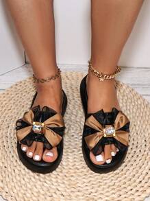 Pantuflas planas con lazo y brillantes para mujer, aptas para uso en exteriores en primavera/verano