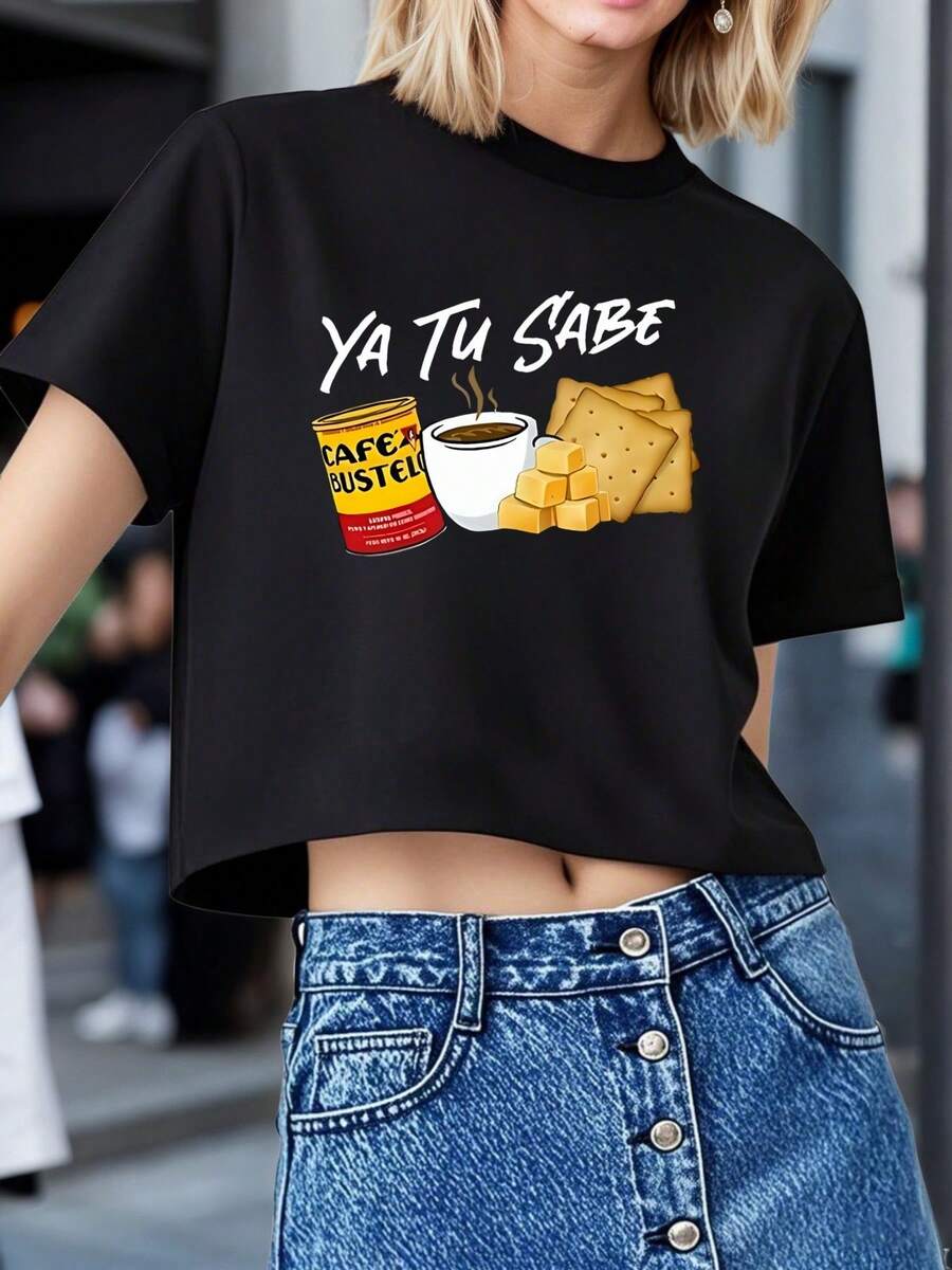 Women's Ya Tu Sabe Cafe Bustelo Coffee TShirt Exposed Navel T-Shirt , Women's New Summer Casual Crew Neck Pure Cotton Short-Sleeved T-Shirt(1 PC) - Black - View 1