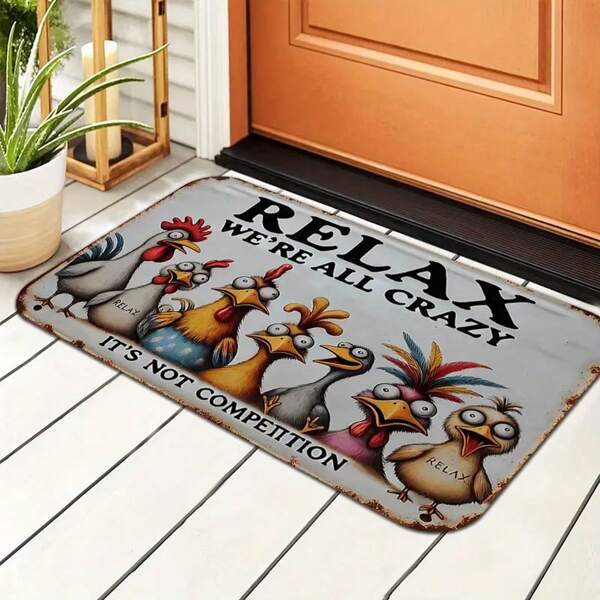 1pc Rubber Doormat, Vintage Quirky Metal Style Doormat Featuring A Flock Of Odd Chickens With "We're All Mad Here" Text, Non-Slip Indoor Mat For Front Door, Bathroom, Garden, Kitchen And Bedroom