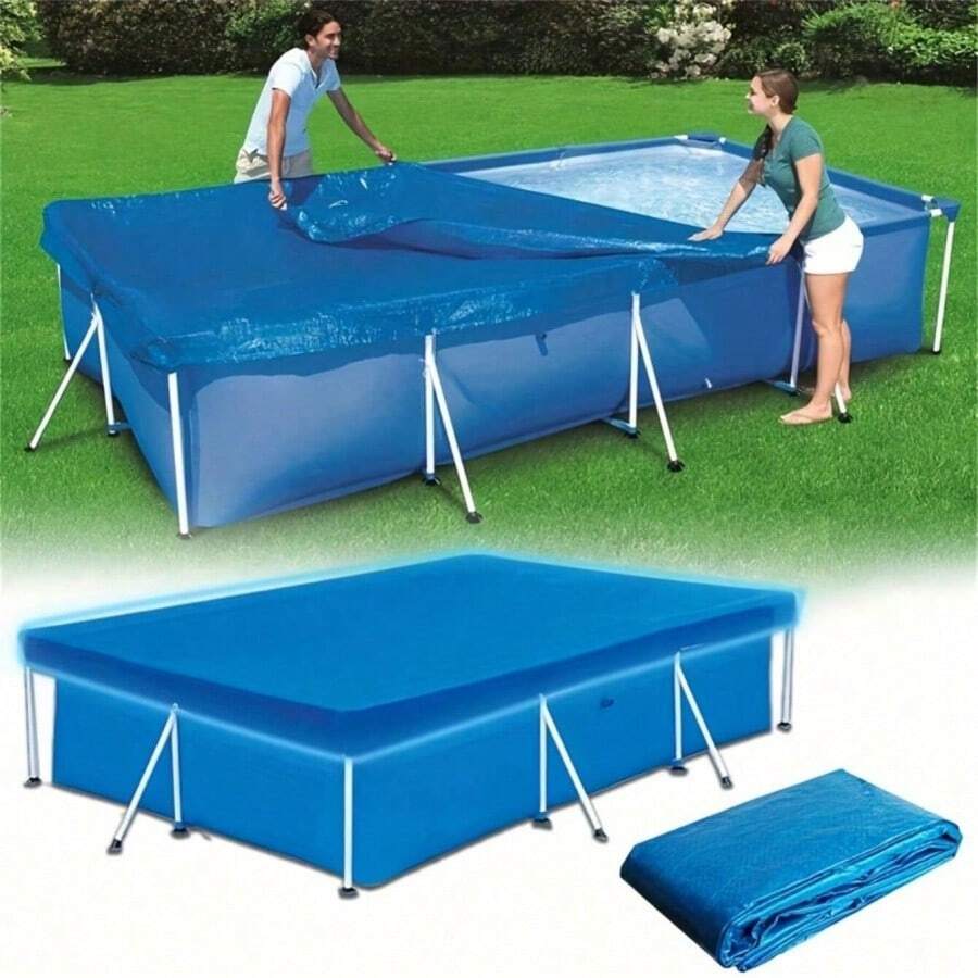 Cubierta de piscina de burbujas de PE duradera - Aislamiento térmico, a prueba de polvo, para uso en todas las estaciones para piscinas y spas, color azul y blanco, fácil instalación con cuerdas y accesorios, cubierta de piscina sobre el suelo cuadrada con marco, azul