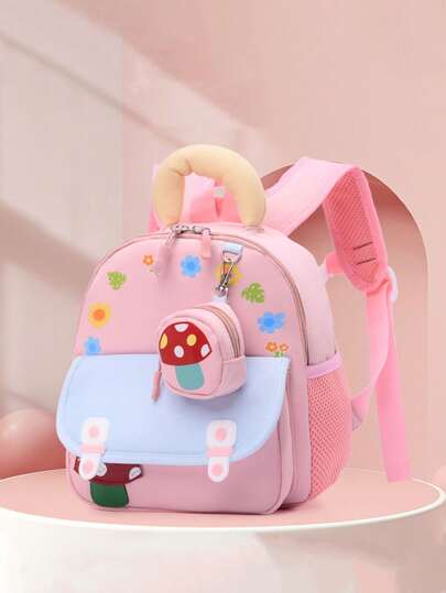 New School-Style Backpack With Small Mushroom Pattern, Suitable For Both Boys And Girls, Lightweight And Simple For Campus Use Or For Travel.