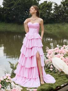 Faeriesty Váy tốt nghiệp bằng vải satin không dây sang trọng với nhiều lớp voan nhún bèo và dây buộc chéo phía sau - Váy trang trọng cho tiệc sinh nhật, tiệc cưới, dạ tiệc và sự kiện tối lãng mạn - Hồng - Xem 5