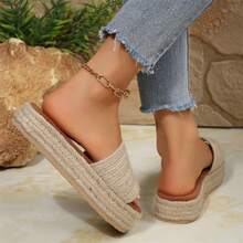 Women Sandals Summer Slide Platform Open Toe Jute Sole Beach Casual Wear - 杏色 - 查看 7
