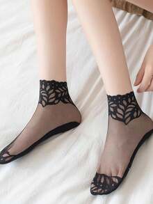 5 Pairs Women's Breathable Mesh Lace Short Socks, Black, Spring/Summer - Black - View 4