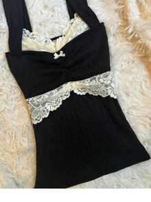 Women Y2K Cute Lace Trim Cami Top Aesthetic Slim Fit Milkmaid Vest Cottage Crop Tank Top Going Out Tops Cute Coquette Clothes - 黑色 - 查看 2