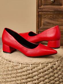 MonaNise 女士时尚尖头低鞋面砂岩纹理杏色封闭式高跟鞋，适合度假、旅行、散步、户外活动，百搭复古休闲高端 5 厘米黑色一脚蹬鞋 - 紅色 - 查看 3