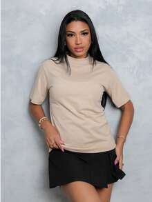 Women's T-Shirt Blouse High Neck Plain Print 100% Cotton