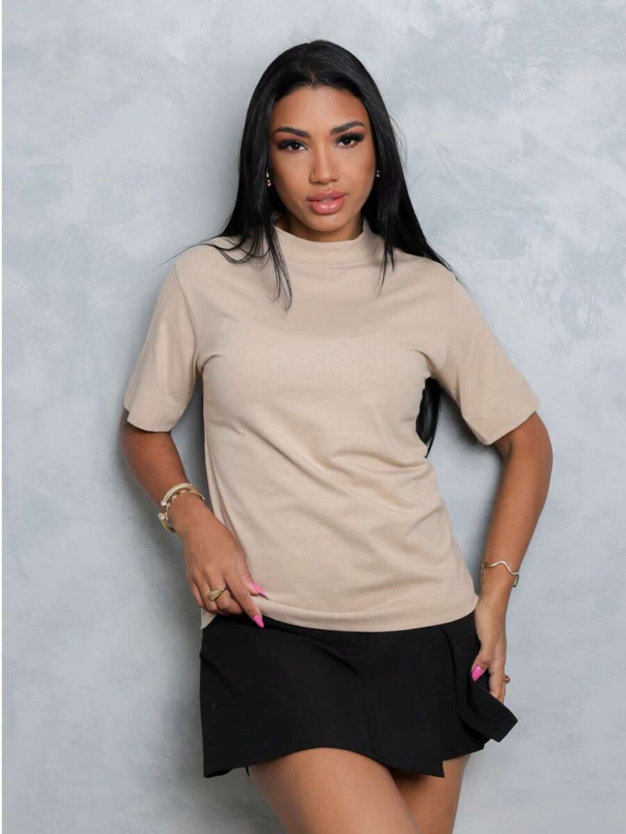 Women's T-Shirt Blouse High Neck Plain Print 100% Cotton