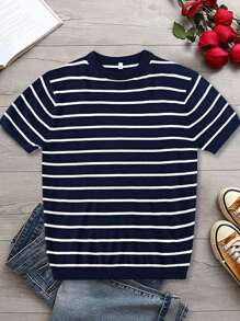 Men's Striped Knit Crew Neck Short Sleeve T-Shirt, Casual & Business Slim Fit, Breathable For Summer