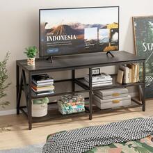 TV Stand For TV Up To 75 Inch, Long 70" TV Cabinet With 3-Tier Storage Shelves, Black Oak