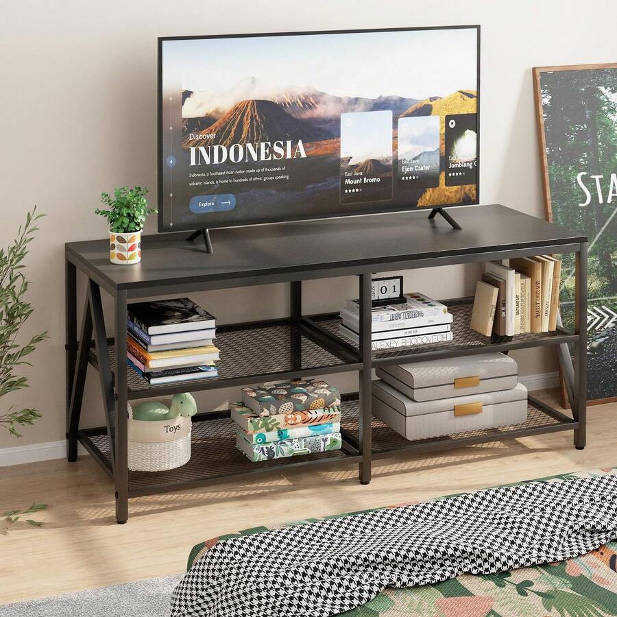 TV Stand For TV Up To 75 Inch, Long 70" TV Cabinet With 3-Tier Storage Shelves, Black Oak