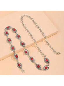 حزام خصر من السلسلة المعدنية الفضية مزين بعناصر من الفيروز الأحمر والزهور - سبيكة الزنك ، بطراز غربي كاوبوي وفيري