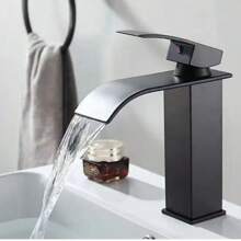 1pc Nordic Black Copper Basin Faucet, Waterfall Style Single Hole Cold & Hot Tap For Bathroom Vanity
