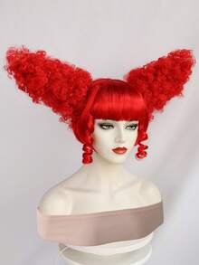 Parrucca da 10 pollici affascinante, rossa, corta e dritta, con ciuffi ricci e corna voluminose, per donne, feste in costume, cosplay, pagliacci. In fibra a bassa temperatura, pre-acconciata e pronta da indossare, dall'aspetto naturale.