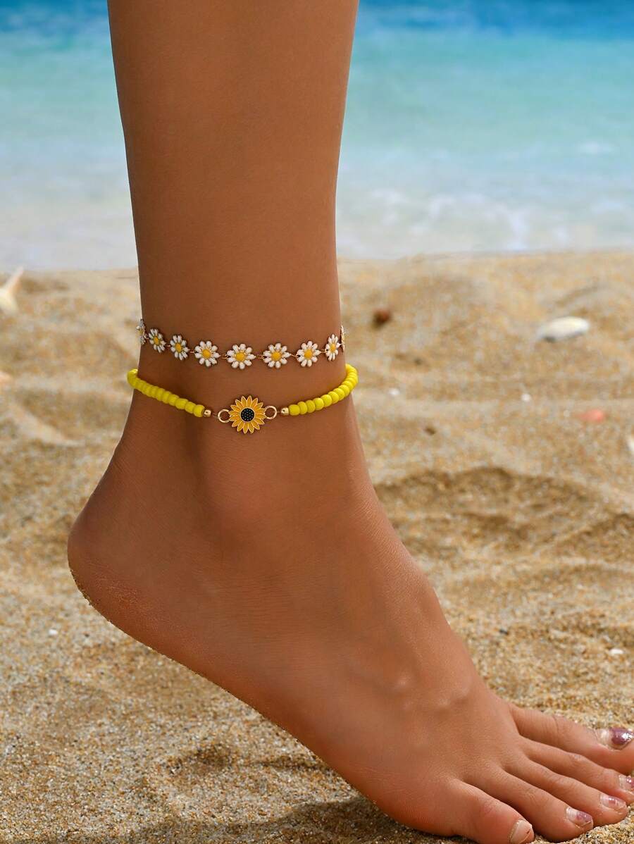 2pcs/Set Summer Beach Handmade Beaded Daisy Flower Anklet, Bohemian Style Colorful Flower Layered Anklet Set For Women, Suitable For Daily Vacation Wear