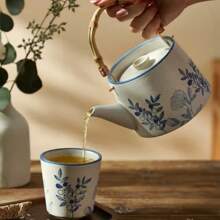 Vintage Japanese Handle Teapot Hand-Painted Household Cold Water Teapot Brewing Teapot Retro Rough Pottery Tea Cup Tea Set (1set, 450ML)