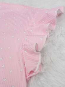 Set de 2 piezas de pijama de verano para mujer con estampado floral y volantes, compuesto por top de manga corta y pantalón corto, conjunto informal de descanso - Rosa Pálido - Ver 2