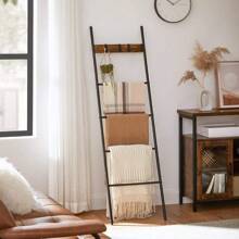 Blanket Ladder, 5-Tier Ladder Shelf, Decorative Ladder With 4 Removable Hooks, Metal Frame, Industrial Style, Rustic