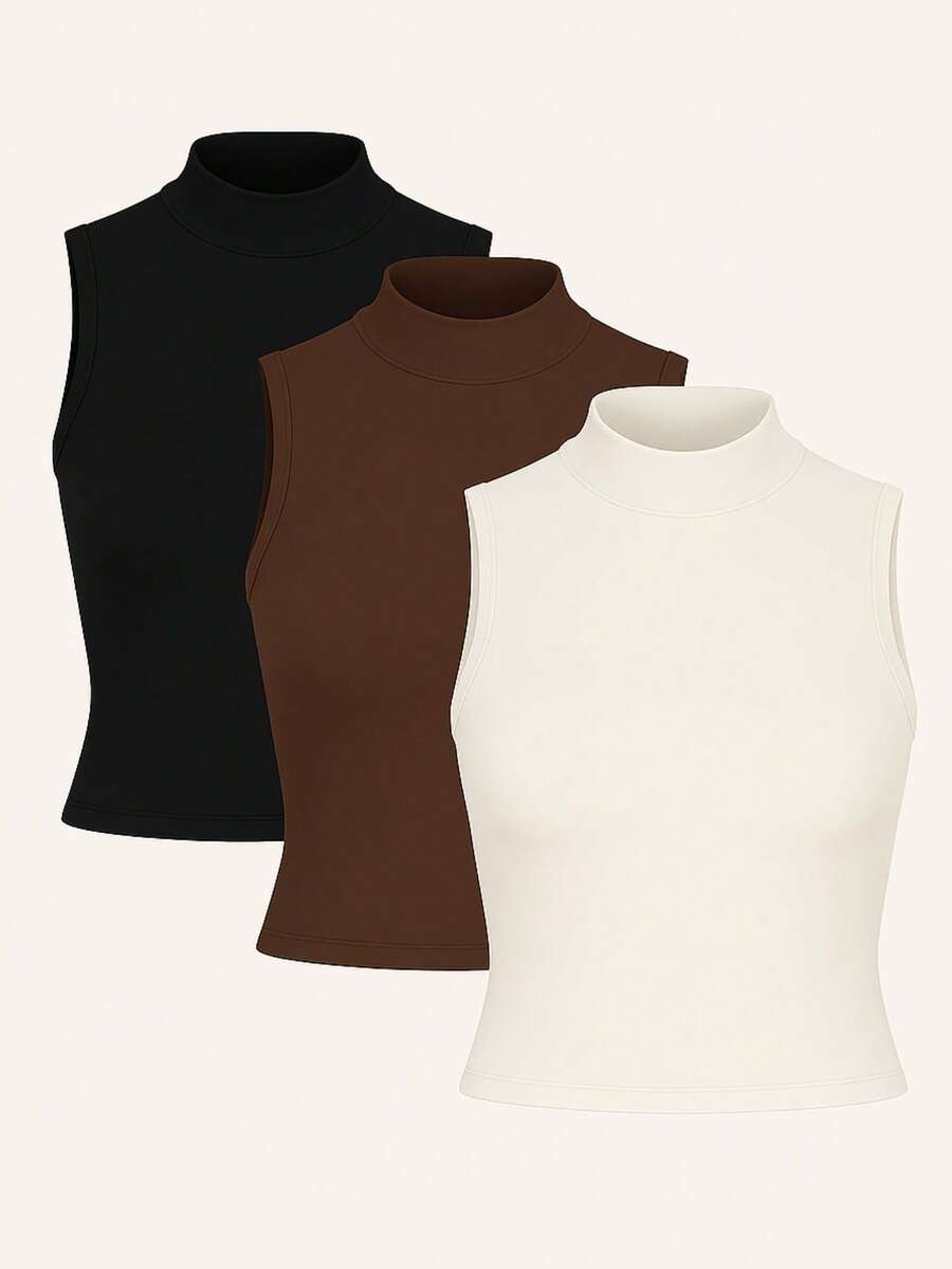 Kit 3 High Neck Blouse Suplex Basic Women's Casual Tank Top - 黑色/棕色/關閉 - 查看 1