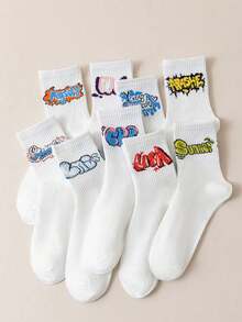 1/5/10 双彩绘字母时尚男女中筒袜，适合街头风格休闲装，彩色袜子，优质礼品袜 - 彩色 - 查看 5