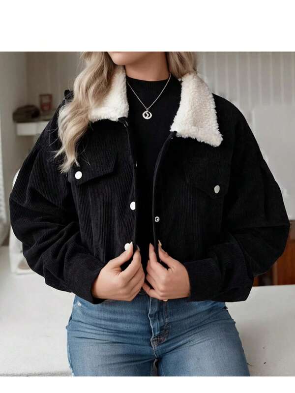 Women's Elegant Casual Corduroy Patchwork Fur Collar Button Front Pocket Long Sleeve Short Jacket, Versatile Bomber Coat