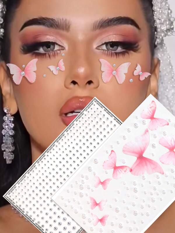 2pcs 3D Textured Faux Pearl, Glitter Butterfly, Silver Crystal Rhinestone Face Jewels, Y2K Festival Makeup, Party Decorations