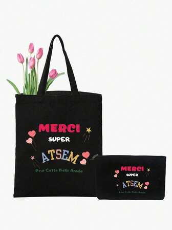 French Print Cosmetic Bag,Teacher Theme Handbag And Cosmetic Bags Set,Personalized Wedding Gift Bag For Women Bridesmaid,Letter Print Tote Bag With Makeup Bag,Beach Holiday Style Card Set Letter Shopping Bag