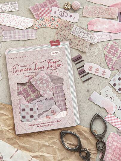 CANDY POETRY 1 Pack Of 50pcs Vintage Fabric Tear-Off Stickers, Creative Aesthetic Scrapbooking Stickers, DIY Decorative Collage Craft Materials, Gift For Holiday, Personalized Scrapbook School Supplies,School Supplies,Back To School