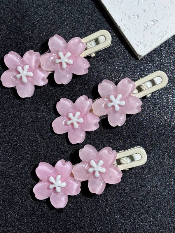 3PCS Elegant Pink Sakura Hair Clip - Women's And Girls Sweet Style Side Hair Clip