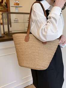 Yogodlns 女士编织篮手拿包顶部手柄包草编便携单肩包夏季沙滩派对钱包购物挎包女式大容量单肩包夏季编织篮手提包时尚沙滩包巴厘岛购物手提包腋下包
