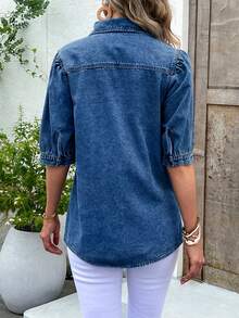 女士藏蓝色泡泡袖牛仔衬衫 - 灯笼袖时尚休闲牛仔衬衫，牛仔上衣 - 深色水洗藍 - 查看 9