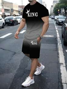 2pcs/Set Men's Black & Green Gradient Design Round Neck Short Sleeve T-Shirt + "KING" Printed Shorts, Casual Fashion Outfit - Multicolor - View 2