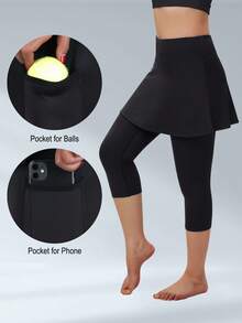 BEROY Women Tennis Skirted Leggings Capris Yoga Leggings With Skirts Pickleball Running Golf Athletic Skirts Clothing With Pockets - Black - View 1