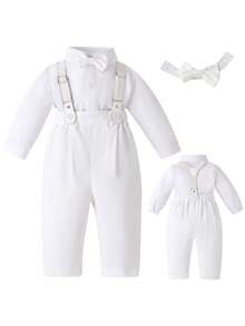 New Summer Children's Baby Boy 4-Piece Suit, White Long-Sleeved Fashionable Top, Detachable Suspenders And Trousers, Suitable For Spring And Summer Home Wear, Suitable For 3-12 Months Baby Suit Clothing