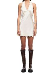 Women Mini Dress Sleeveless Halter Dress Backless Lace Trim Summer Party Dress For Club Bar - 白色 - 查看 3
