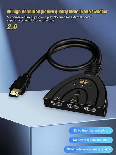 高清多媒体切换器，三进一出 4k，高清多媒体接口 2.0，三端口视频切换器，3 对 1 转换器，机顶盒连接到显示器