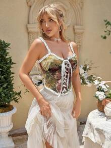 Womens Vintage 1920s Renaissance Lace Trim Corset Bustier, Retro Fashion - Floral - View 2