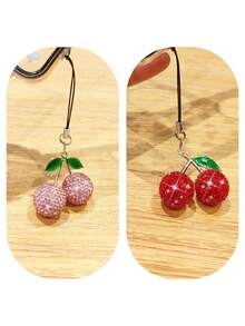 Pink Full Diamond Cherry Phone Pendant Shining Full Diamond Cute Cherry Phone Hanging Rope Cute Gourd Phone Hanging Rope - Multicolor - View 4